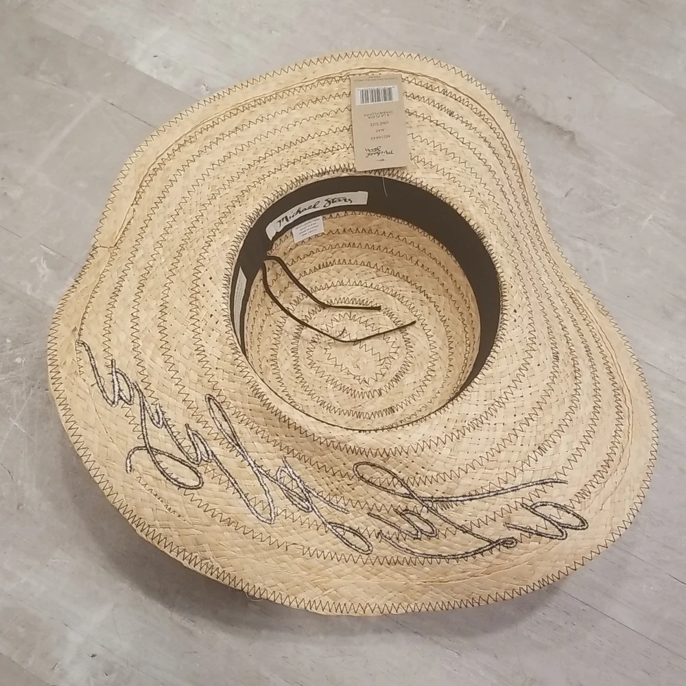 💕MICHAEL STARS💕 Raffia Embroidered A La Playa Straw Floppy Hat NWT - Picture 4 of 11